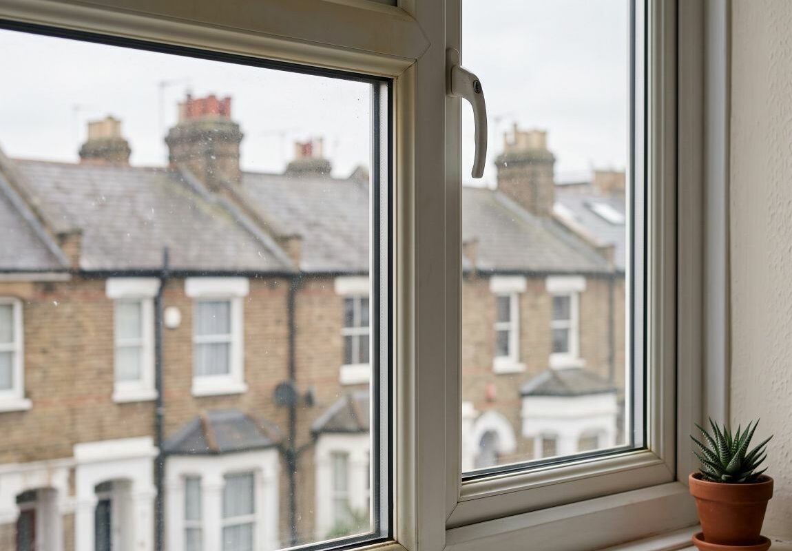 a standard white uPVC window frame in a lived-in upper-floor flat in Islington, North London