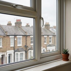a standard white uPVC window frame in a lived-in upper-floor flat in Islington, North London
