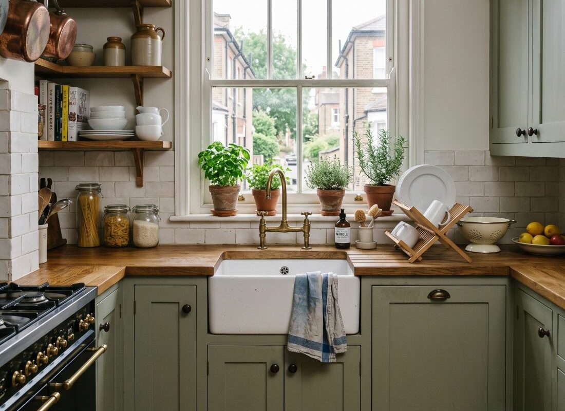 a traditional white Belfast sink in a cosy, well-maintained period London apartment kitchen