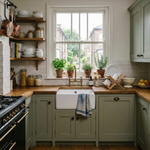 a traditional white Belfast sink in a cosy, well-maintained period London apartment kitchen