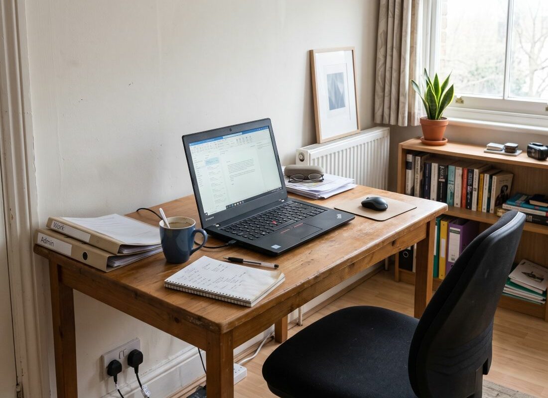 a home office corner in a typical lived-in London flat