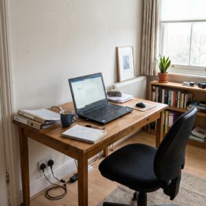 a home office corner in a typical lived-in London flat