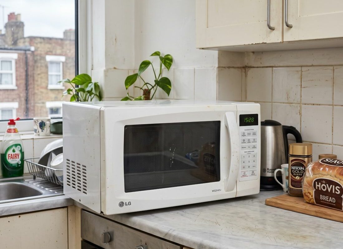 an LG microwave oven on a worn laminate kitchen worktop in a lived-in upper-floor flat in Islington, North London